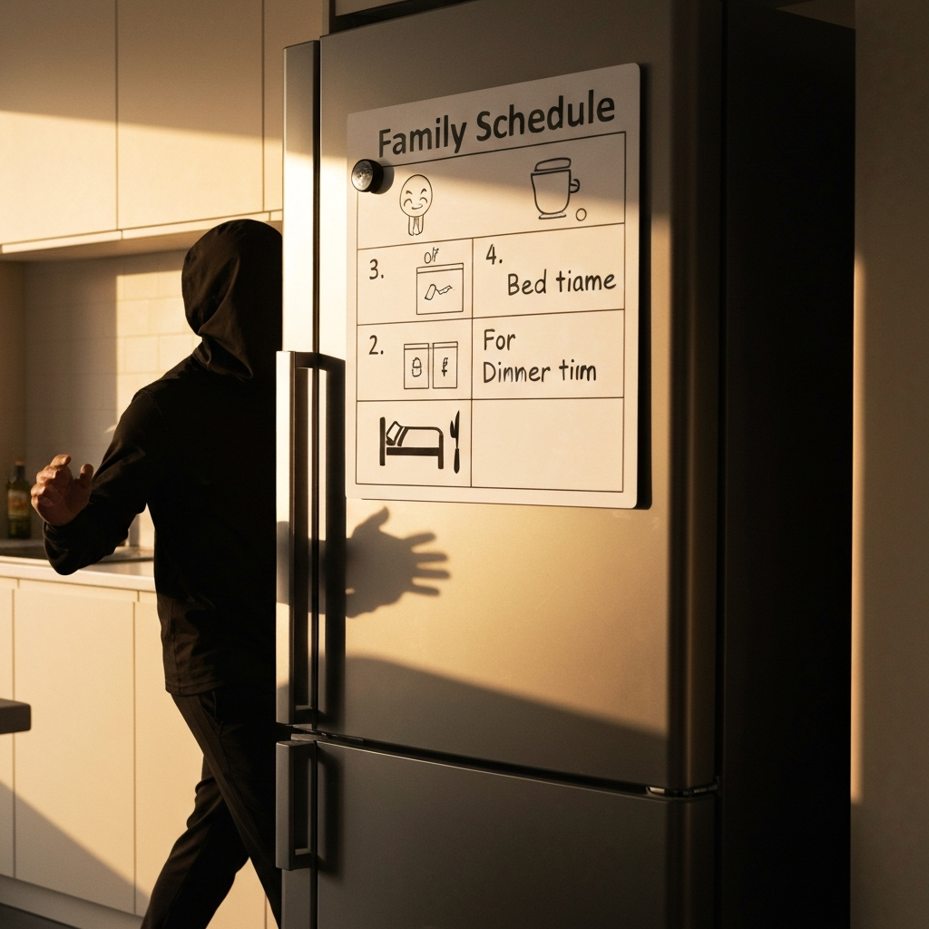 A modern kitchen bathed in warm, golden hour light. A magnetic whiteboard displaying a colorful, handwritten family schedule is mounted on the refrigerator. The schedule includes illustrations next to each task, like a bed for bedtime or a fork and knife for dinner time. The lighting is soft and diffused.