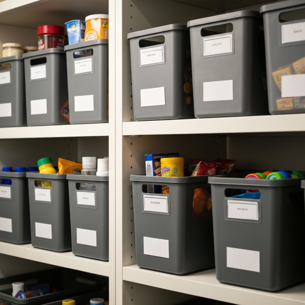 A close-up shot of neatly labeled storage bins on shelves in a well-lit pantry. The bins are filled with various household items, such as snacks, cleaning supplies, and small toys. The focus is on the labels and the organized arrangement. The texture of the bins and shelves are clearly visible.