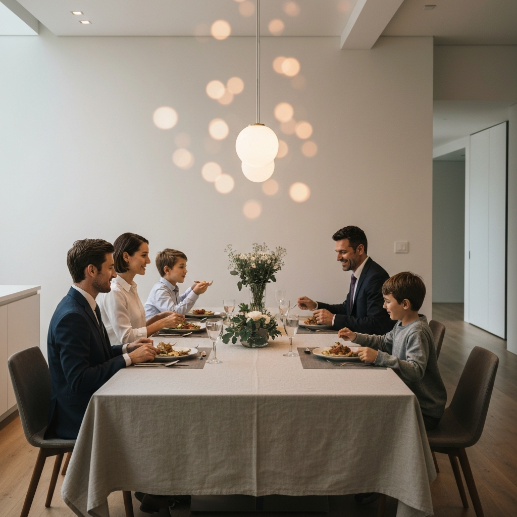 A family gathered around a dining table, enjoying a meal together. The table is set with a tablecloth, plates, and silverware. There is warm overhead lighting with soft bokeh in the background.