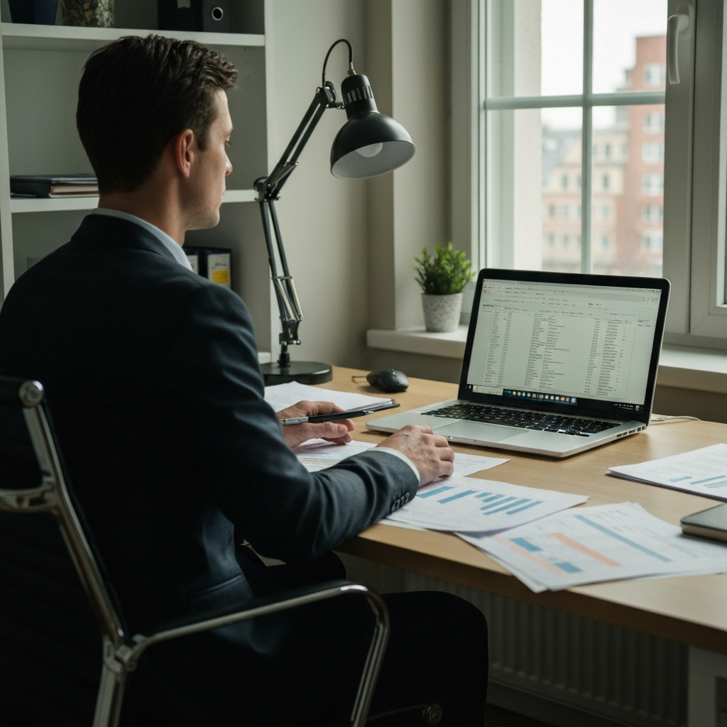 A brightly lit home office. A person sits at a desk covered with financial documents and a laptop displaying a spreadsheet. Natural light streams in from a nearby window, casting soft shadows.