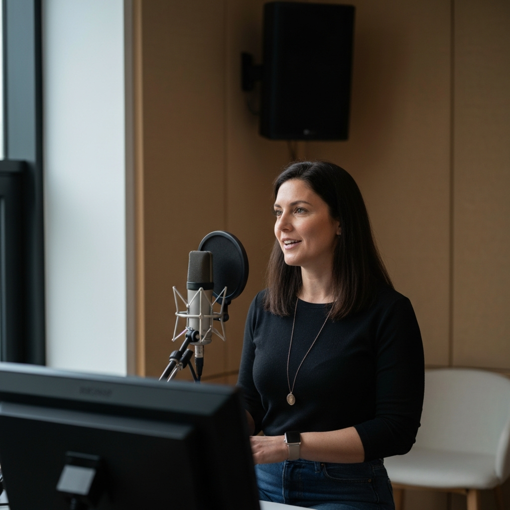 A professional recording studio. A woman is confidently speaking into a microphone, recording a voiceover for a project. Soft, diffused lighting highlights her focused expression.