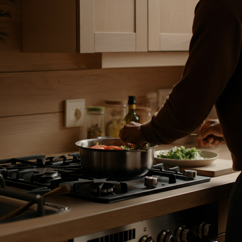 A minimalist kitchen. A person is carefully preparing a healthy meal using fresh ingredients. The kitchen is clean and well-organized, with stainless steel appliances and natural wood accents. Warm, inviting light fills the room.