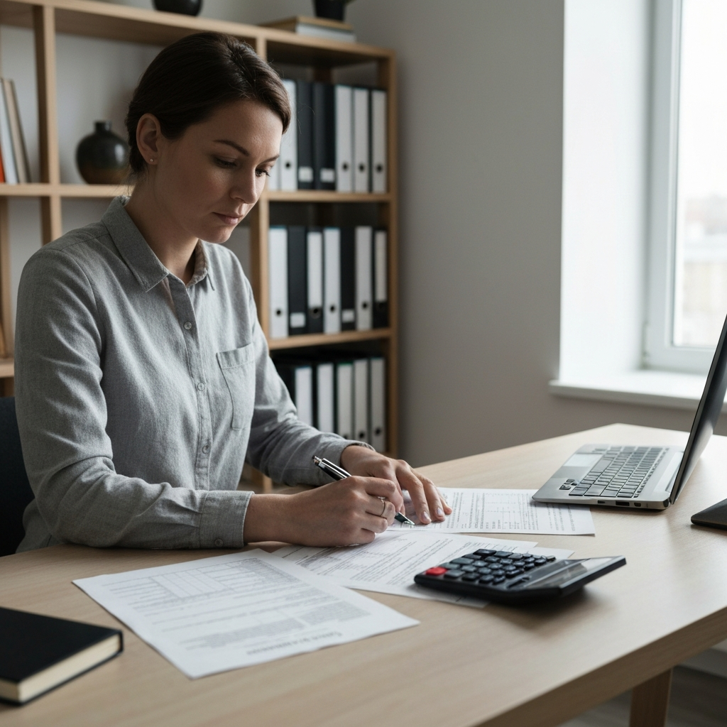 A person is working at a desk, surrounded by tax documents and a calculator. The room is organized and well-lit. A sense of focus and concentration is evident.