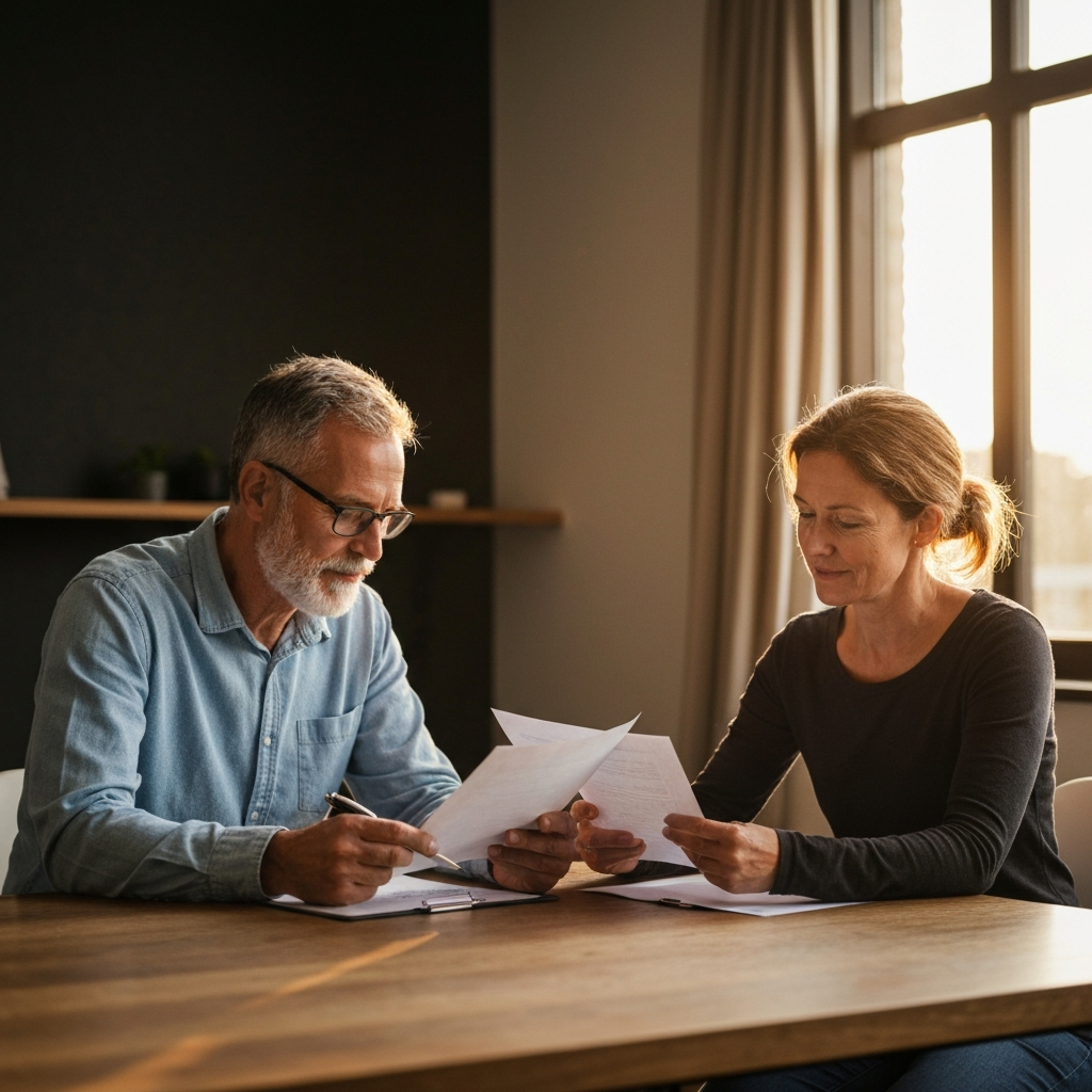 A mature couple is sitting at a table, reviewing documents together. They appear to be discussing important matters with a sense of calm and collaboration. The room is comfortable and inviting.