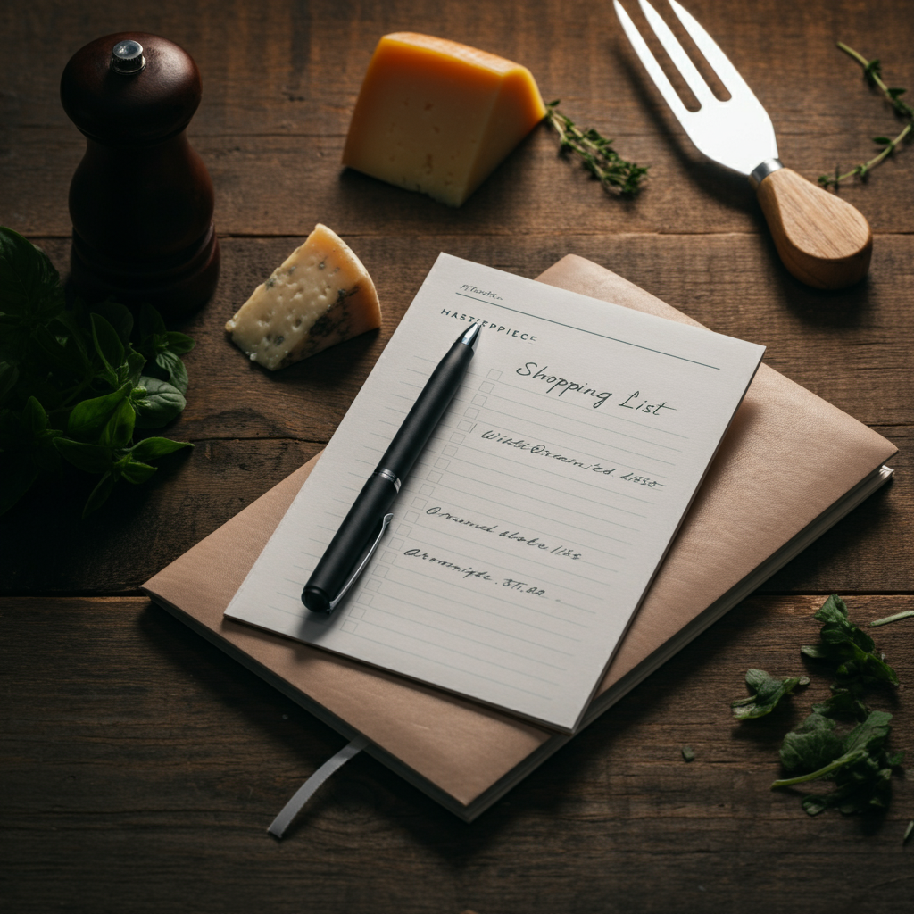 A well-organized shopping list is placed on a rustic wooden table next to a pen and a stylish notebook. Soft, natural light illuminates the list, highlighting the neat handwriting and simple layout. A few sprigs of fresh herbs and a single cheese knife add a touch of elegance.