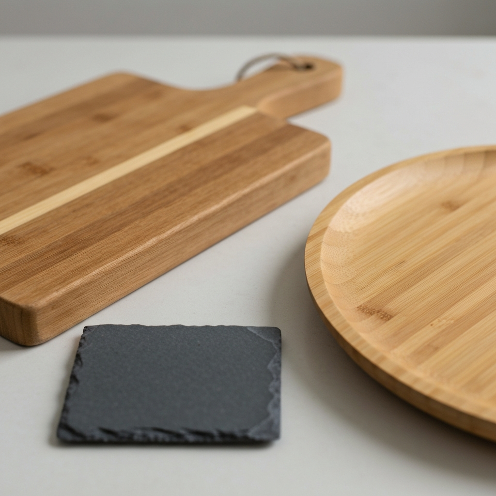 A close-up shot of a variety of affordable charcuterie boards: a simple wooden cutting board, a slate tile, and a round bamboo platter. The focus is on the textures and natural materials. The lighting is soft and diffused, creating a warm and inviting atmosphere.