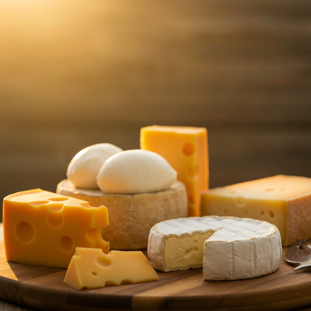 A close-up of various cheeses arranged attractively on a wooden board. Include cheddar, mozzarella, and brie. Soft, warm lighting highlights the different textures and colors of the cheeses. A cheese knife rests elegantly beside the brie.