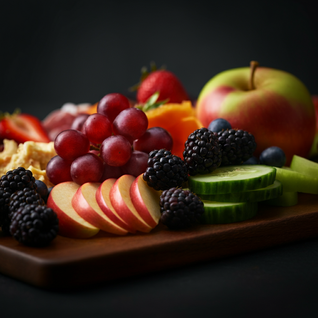 A close-up of colorful fruits and vegetables arranged on a charcuterie board. Include grapes, berries, sliced apples, and cucumber slices. The lighting is soft and natural, highlighting the vibrant colors and textures of the produce.