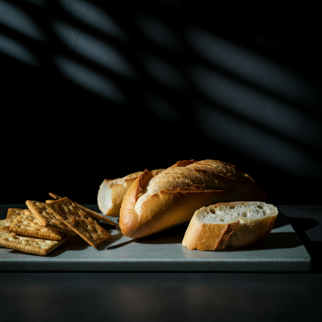 A charcuterie board featuring an assortment of crackers, baguette slices, and breadsticks. The focus is on the variety of textures and shapes. The lighting is warm and inviting, highlighting the golden-brown color of the toasted bread.