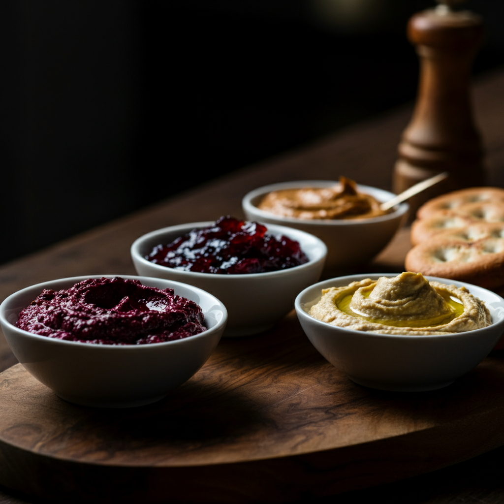 Small bowls of hummus, mustard, and fruit preserves arranged on a charcuterie board. The focus is on the vibrant colors and smooth textures of the dips and spreads. The lighting is soft and diffused, creating a warm and inviting atmosphere.