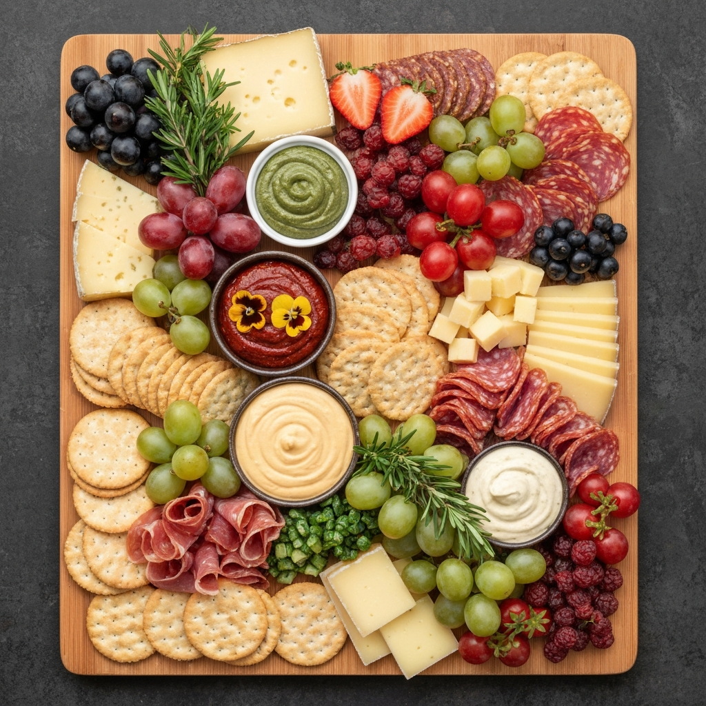 An overhead shot of a fully assembled charcuterie board. The board is artfully arranged with cheeses, meats, fruits, vegetables, crackers, and dips. Fresh herbs and edible flowers add a touch of elegance. The lighting is bright and natural, showcasing the vibrant colors and textures of the food.