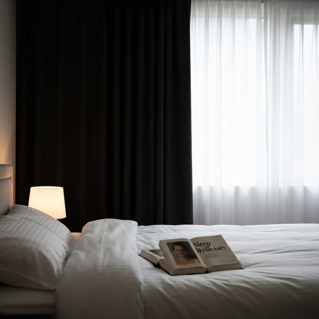 A bedroom with blackout curtains, soft lighting from a bedside lamp illuminating a book on sleep hygiene, and a comfortable-looking bed with crisp white sheets. Soft bokeh in the background.