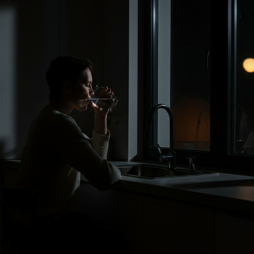A person drinking a glass of water in a softly lit kitchen at night, avoiding electronic devices. The scene is side-lit, highlighting the texture of a ceramic mug.