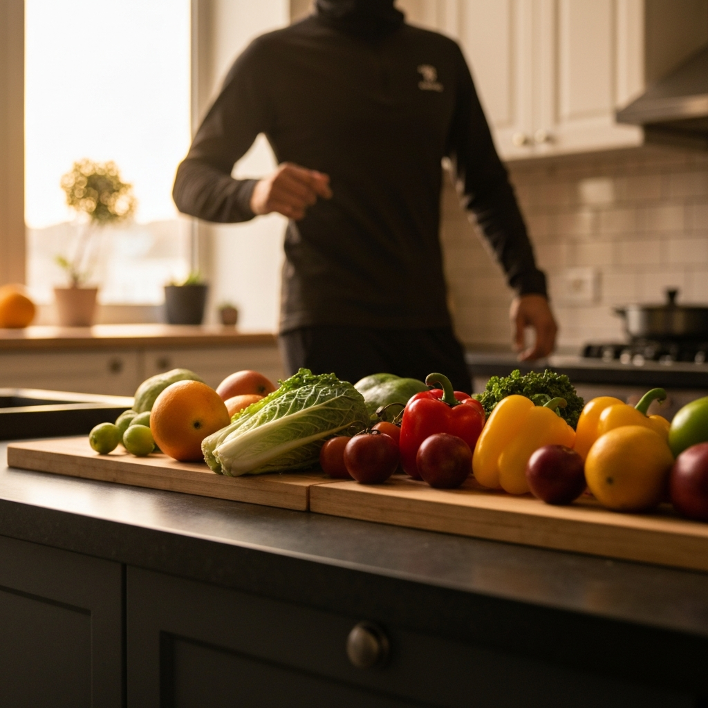 A brightly lit kitchen counter with a colorful array of fresh fruits and vegetables. The focus is on the texture of the produce, with shallow depth of field.