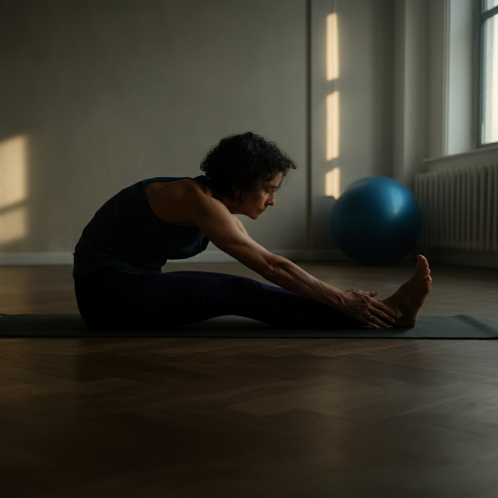A person stretching in a bright, airy yoga studio with natural light streaming through the windows. Focus is on the person's posture and the peaceful environment.