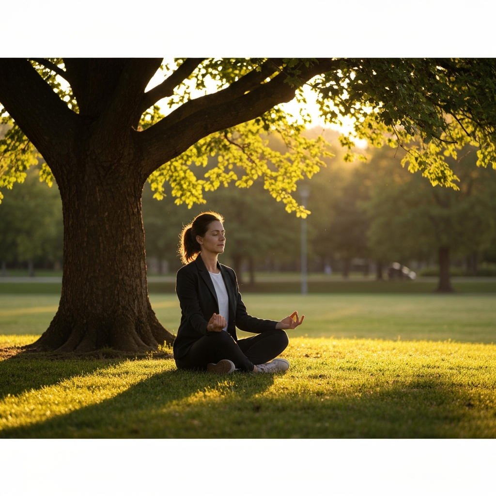 A person sitting peacefully in a park under a large tree, practicing mindfulness with eyes closed. Golden hour lighting creating a warm and inviting atmosphere.