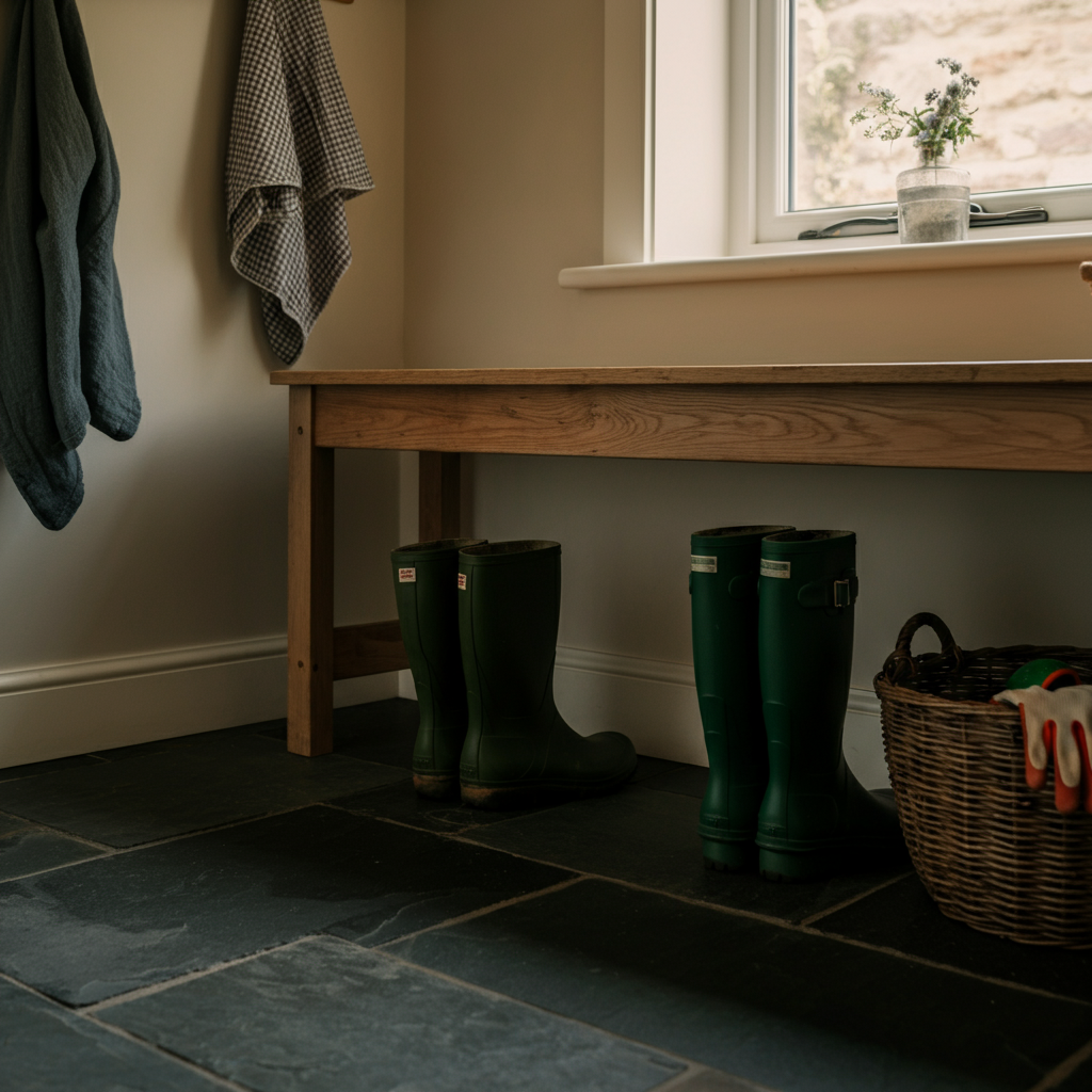 A bright, well-organized mudroom with a wooden bench, several pairs of gardening boots neatly arranged on a rack, and a woven basket filled with gardening gloves. Soft, natural light filters through a nearby window, illuminating the textured surface of a slate floor.