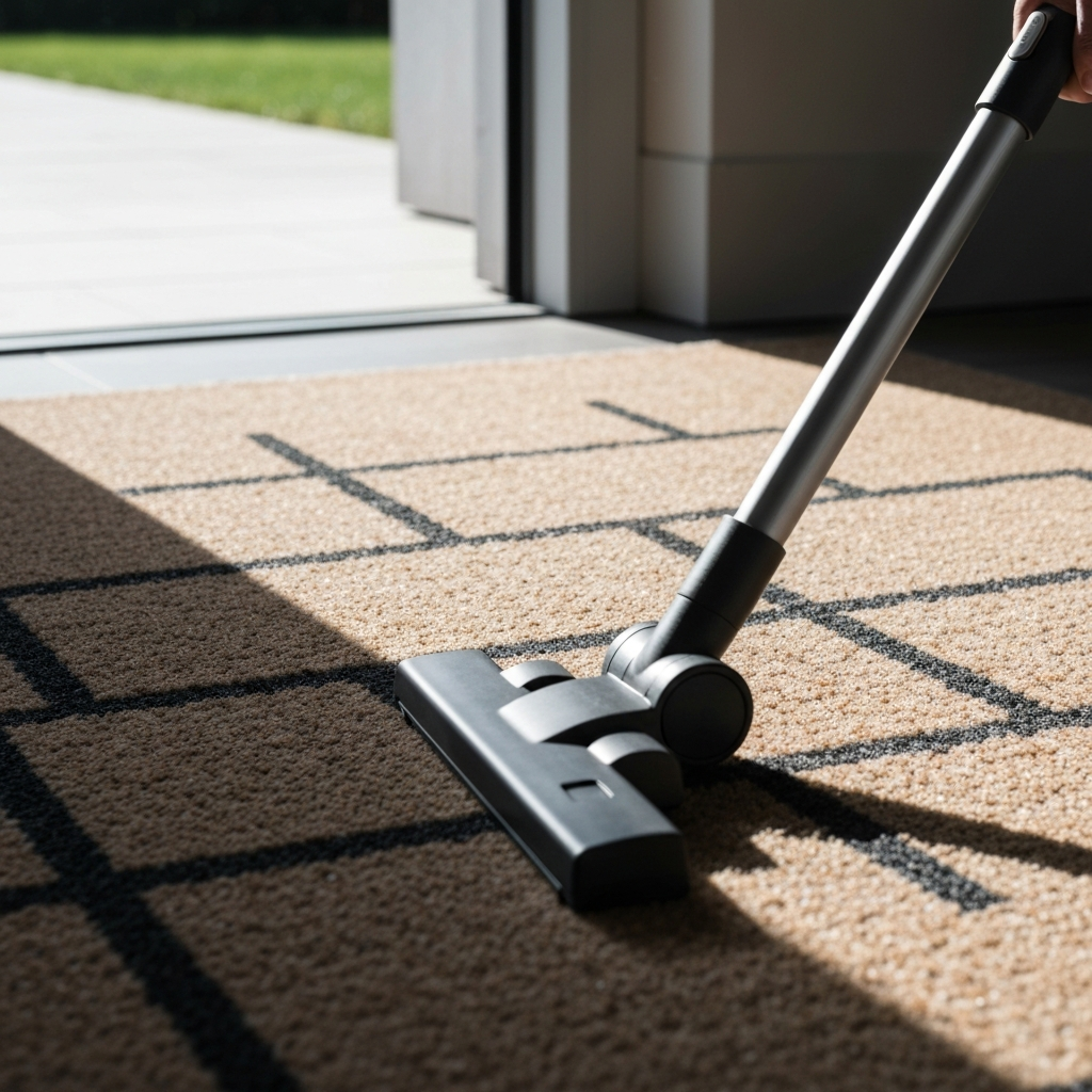 A close-up shot of a person vacuuming a patterned doormat with a modern vacuum cleaner. Focus is on the texture of the doormat fibers and the vacuum nozzle. Diffused light creates a soft shadow.