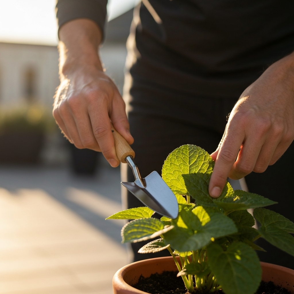 A person using a small hand trowel to inspect the leaves of a potted plant on a sunny patio. Focus is on the texture of the leaves and the person's hands. The background is blurred with soft bokeh.