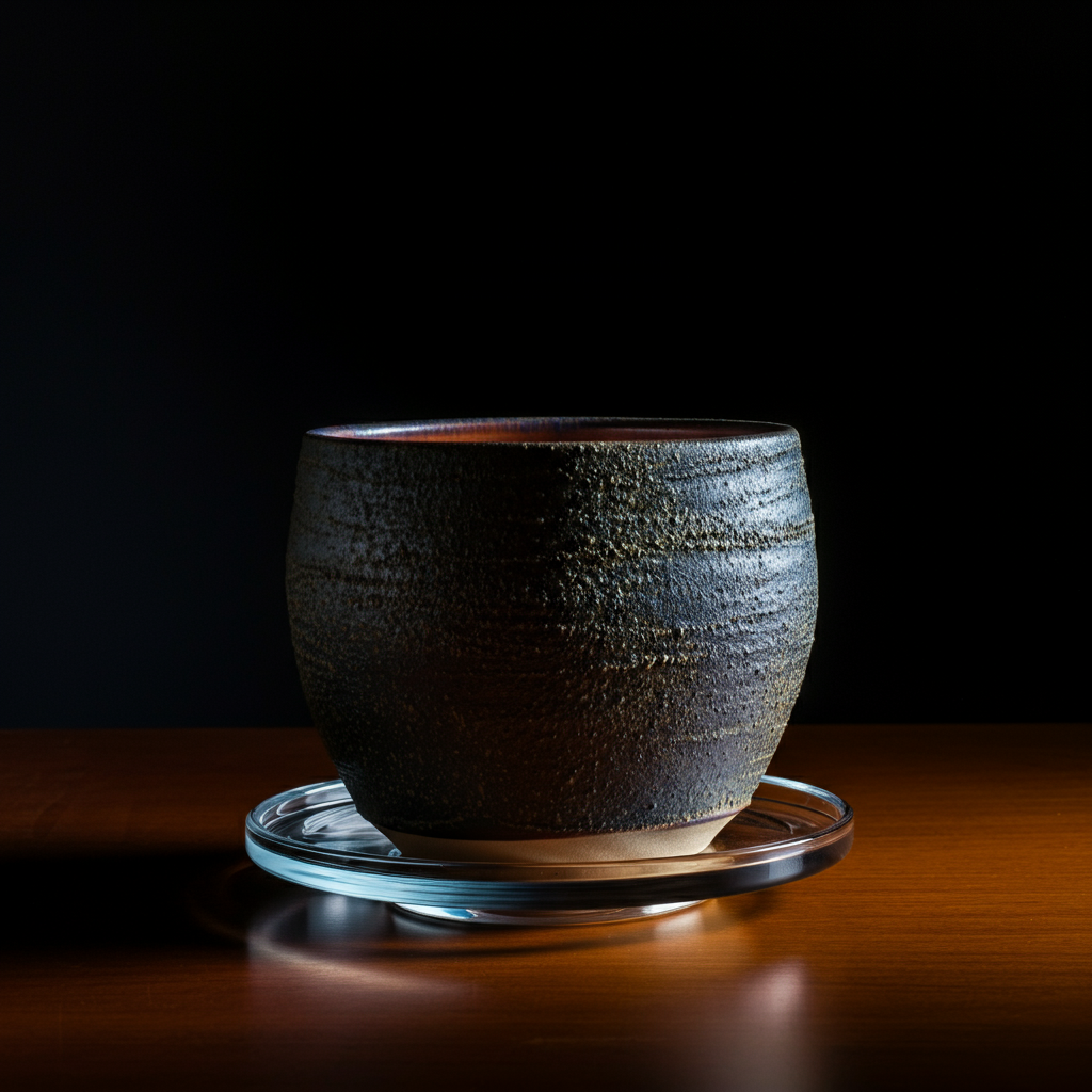 A ceramic pot sitting on a clear saucer on a varnished wooden table. Side-lit to emphasize the textures of the pot, saucer, and wood grain.