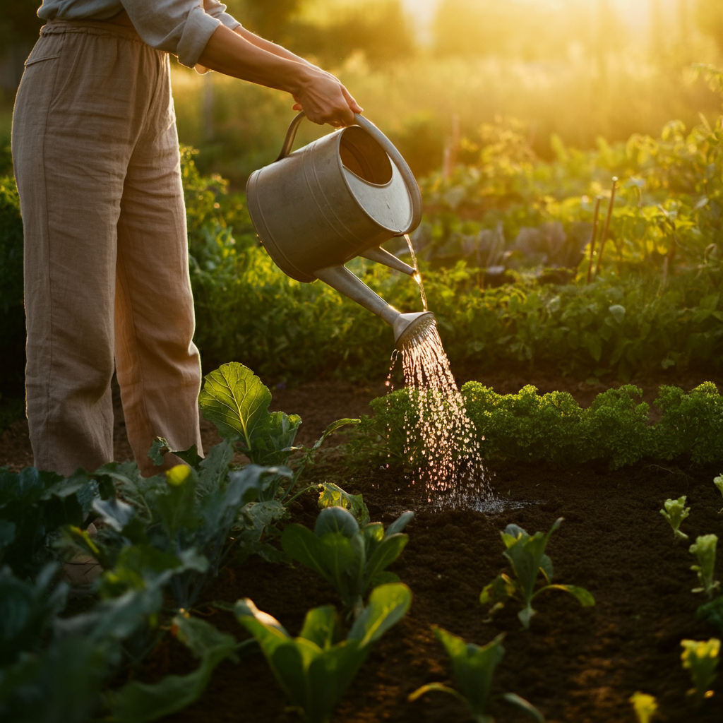 A person carefully pouring water from a watering can onto a vegetable garden. Golden hour lighting creates long shadows and highlights the textures of the soil and plants.