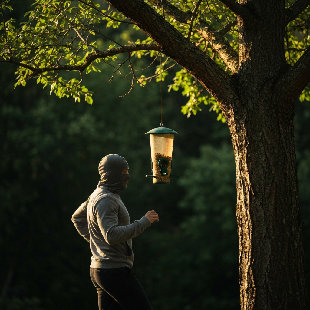 A bird feeder hanging from a tree branch, surrounded by lush foliage. Shallow depth of field blurs the background, emphasizing the bird feeder and the tree bark. Natural, dappled lighting.