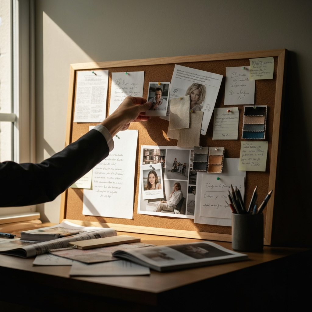 A well-lit desk with a corkboard covered in magazine clippings, fabric swatches, and handwritten notes. Soft, natural light streams in from a nearby window, illuminating the textures of the different materials. A hand reaches into the frame, pinning a small photograph onto the board.