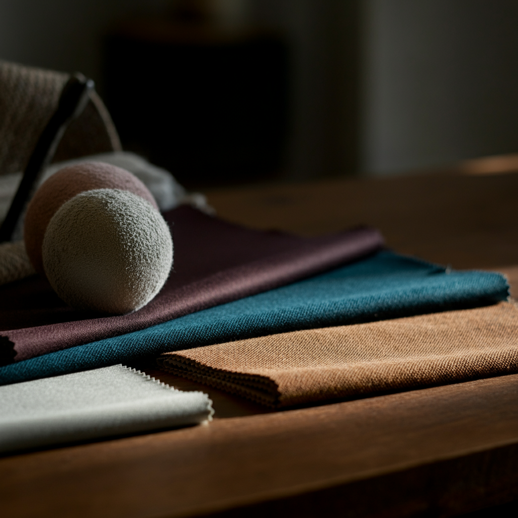 A close-up of fabric swatches in various colors and textures, arranged on a wooden table. Natural light highlights the subtle variations in hue and the intricate weaves of the fabrics.