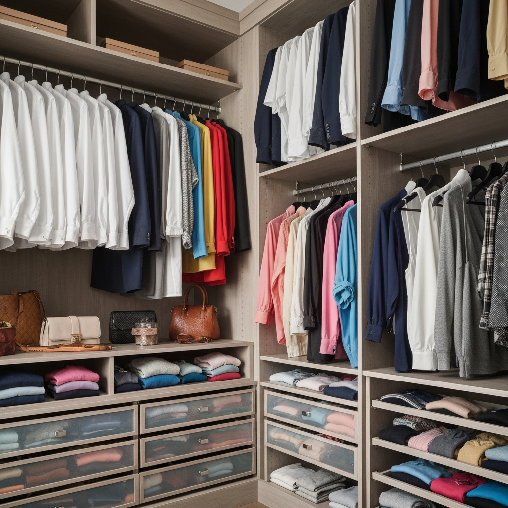 A walk-in closet organized by color and garment type. The clothes are neatly hung and folded, with accessories arranged on shelves. A soft, diffused light creates a sense of calm and order.