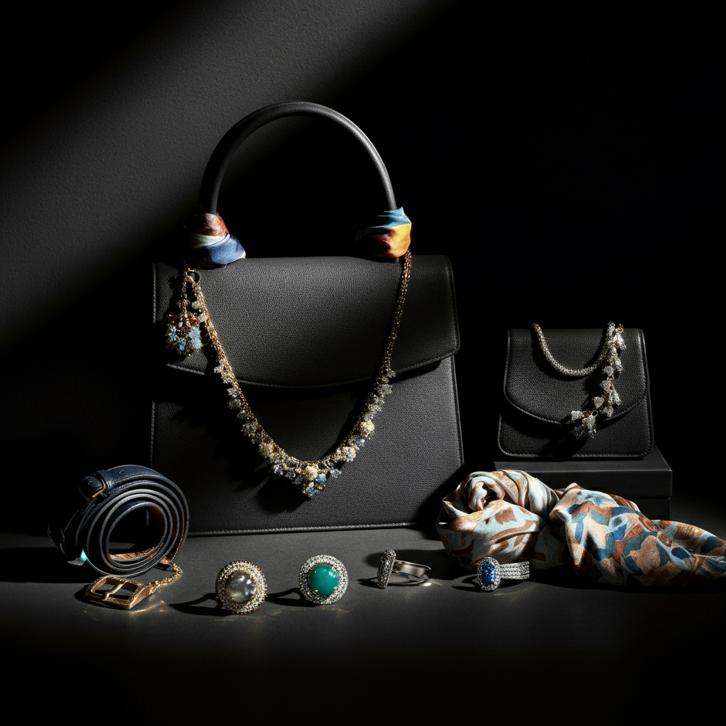 A collection of carefully curated accessories displayed on a vanity. The accessories include jewelry, scarves, handbags, and belts. The light catches the facets of the jewelry, creating a sparkling effect.