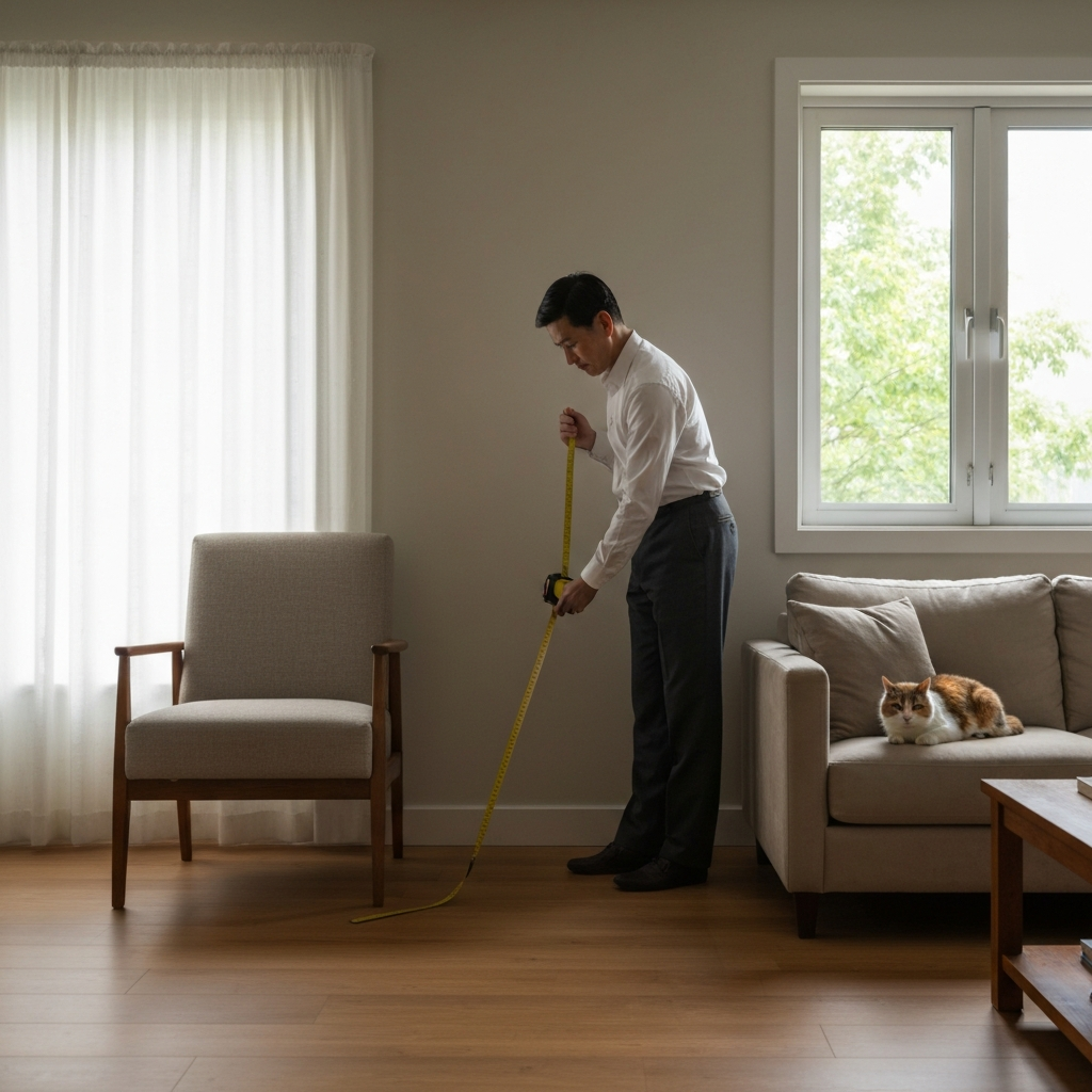 A well-lit living room with a person using a measuring tape to assess the available space. Soft daylight streams through a window, highlighting the textures of the furniture and hardwood floor. A contented cat rests on a nearby sofa.