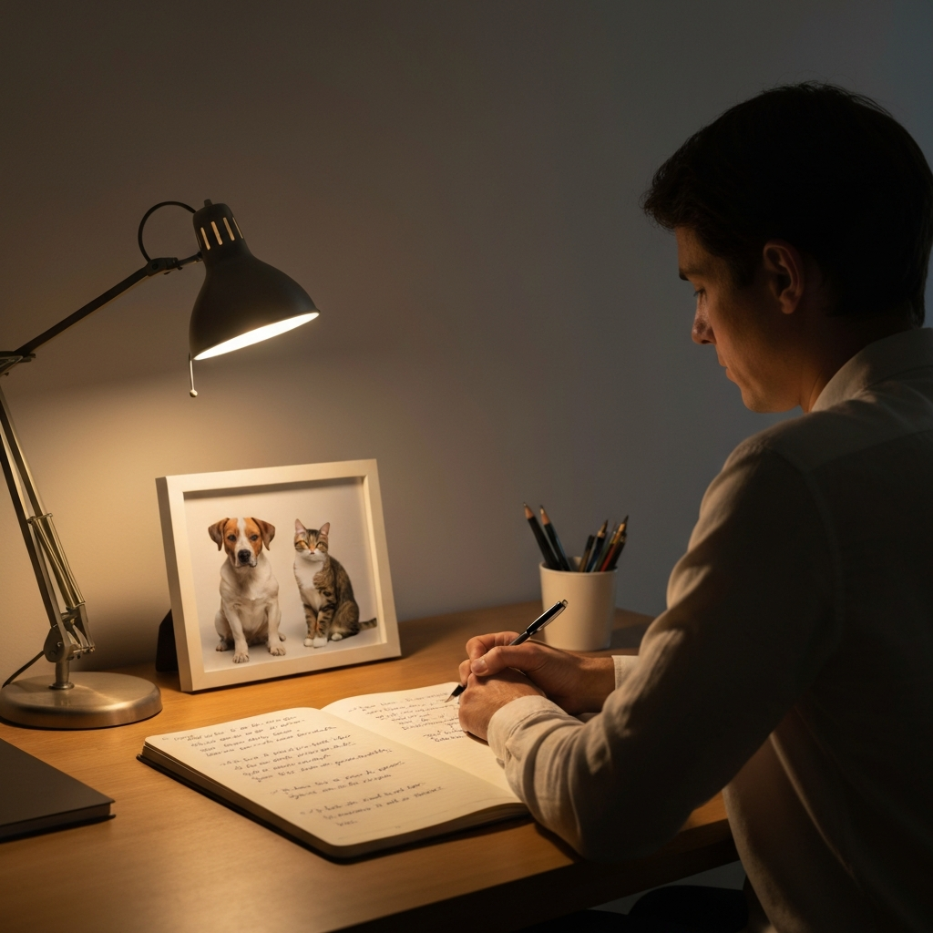 A person sitting at a desk, illuminated by warm lamplight, writing in a notebook. A framed photo of a dog and a cat side-by-side sits on the desk. The notebook is open to a page with handwritten notes about the pets' individual personalities.