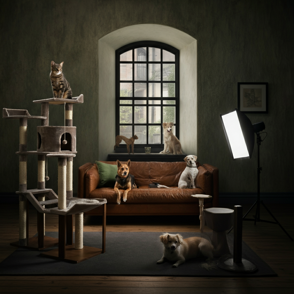 A spacious living room with clearly defined areas for different pets. A cat tree stands near a window, while a dog bed is tucked into a cozy corner. Each area is well-lit and organized.