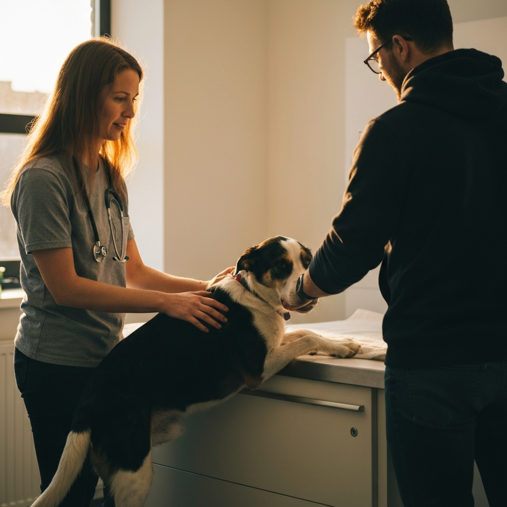 A veterinarian examining a dog in a bright, clean examination room. The veterinarian is gently petting the dog, and the dog appears relaxed. A person stands nearby, observing the examination.