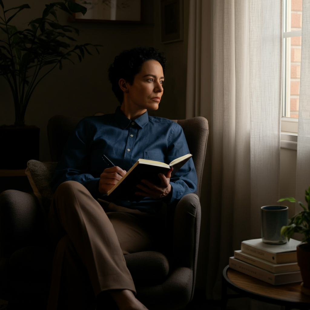 A person sitting in a comfortable armchair by a window, bathed in soft, diffused light. They are holding a journal and pen, looking contemplatively out the window. The room is decorated with personal items like books and plants, creating a cozy and inviting atmosphere.