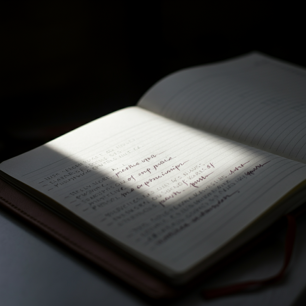 A close-up shot of a handwritten list of values in a journal. The list is neatly written and underlined. The paper has a slight texture, and the lighting is soft and warm.
