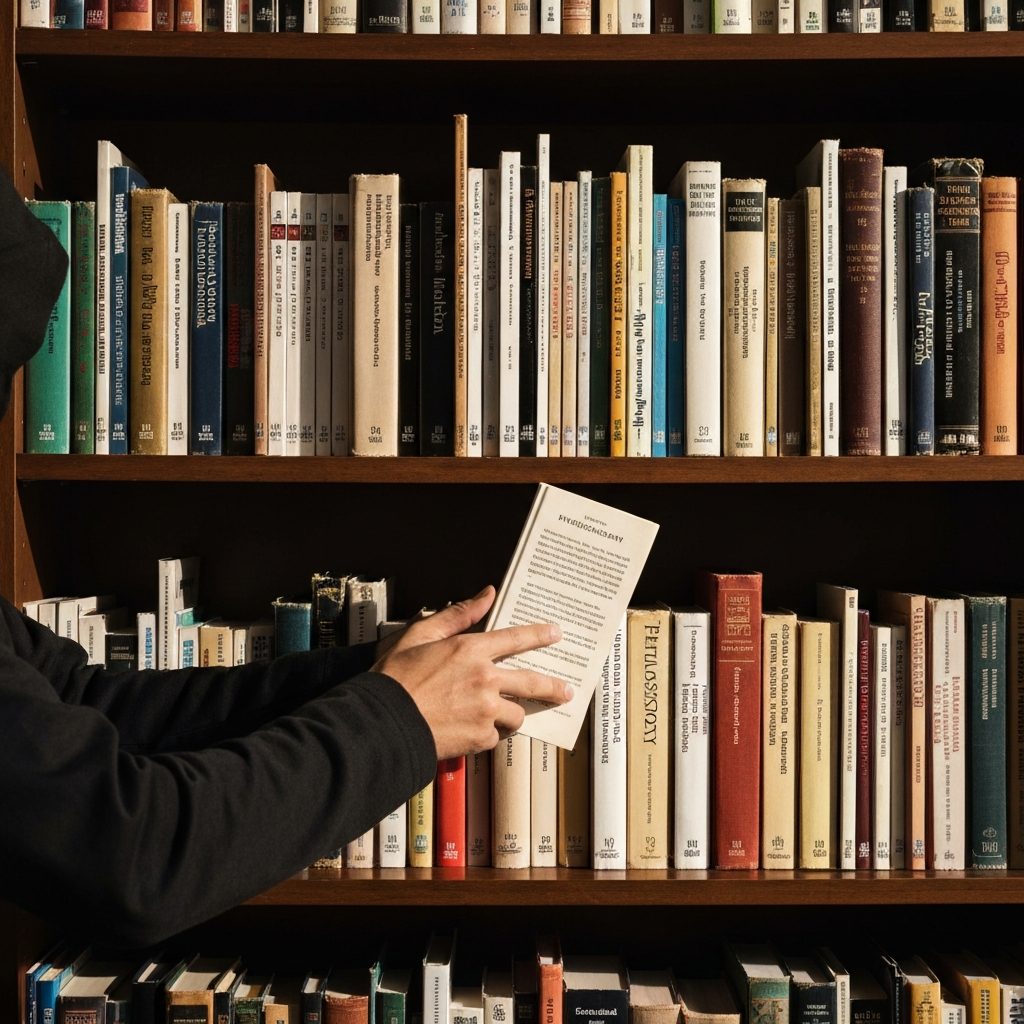 A bookshelf filled with books on philosophy. The books are well-worn and have a variety of colors and sizes. A single hand reaches out to select a specific book, fingers gently tracing the spine.