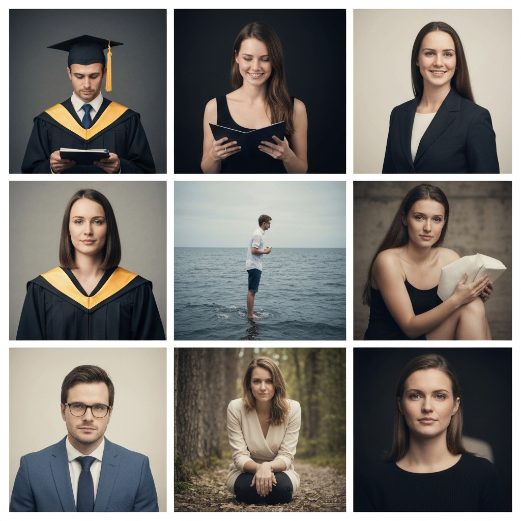 A montage of photographs representing different life experiences: a graduation ceremony, a travel adventure, a difficult conversation, a moment of quiet reflection in nature. The photos are slightly faded and have a vintage feel.
