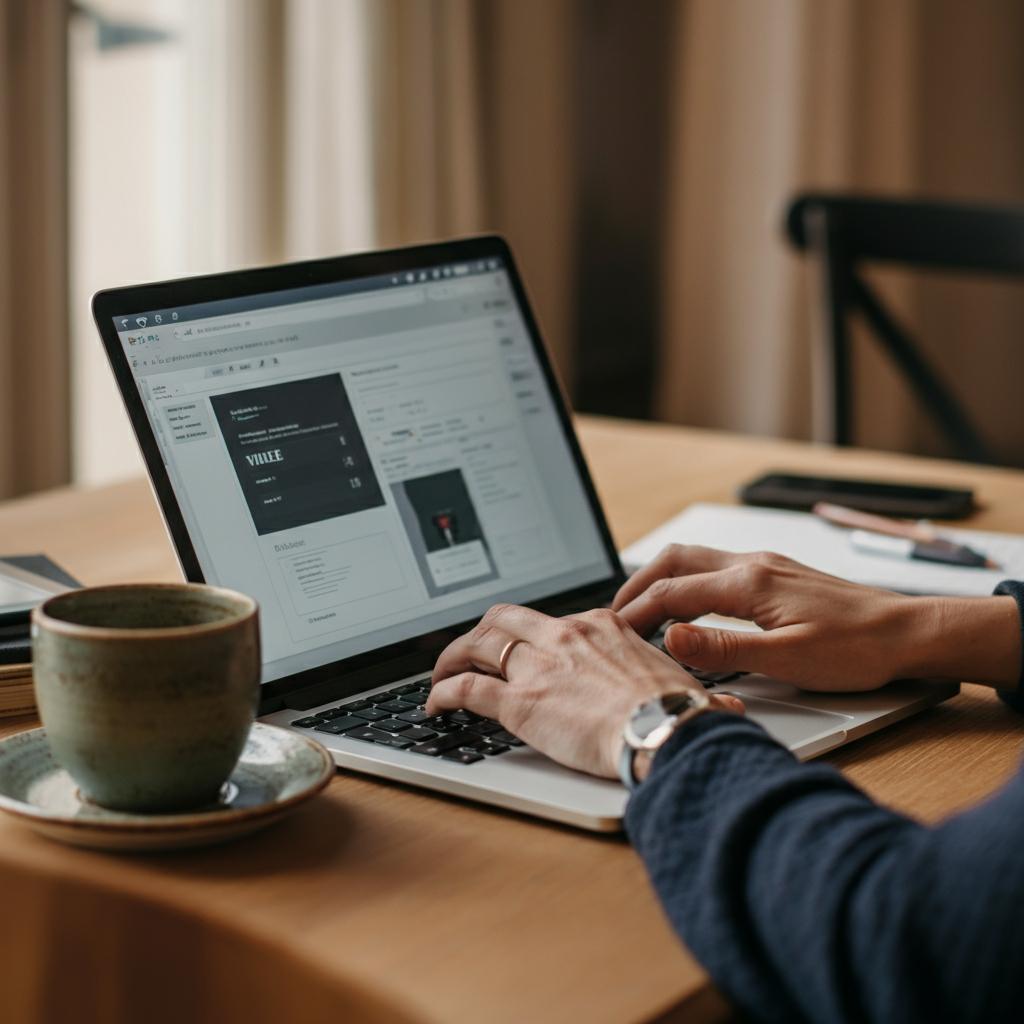 A person sitting at a desk, typing on a laptop. The room is well-lit, and there is a cup of coffee and a notebook on the desk. The focus is on the person's hands as they type, conveying a sense of focused effort.