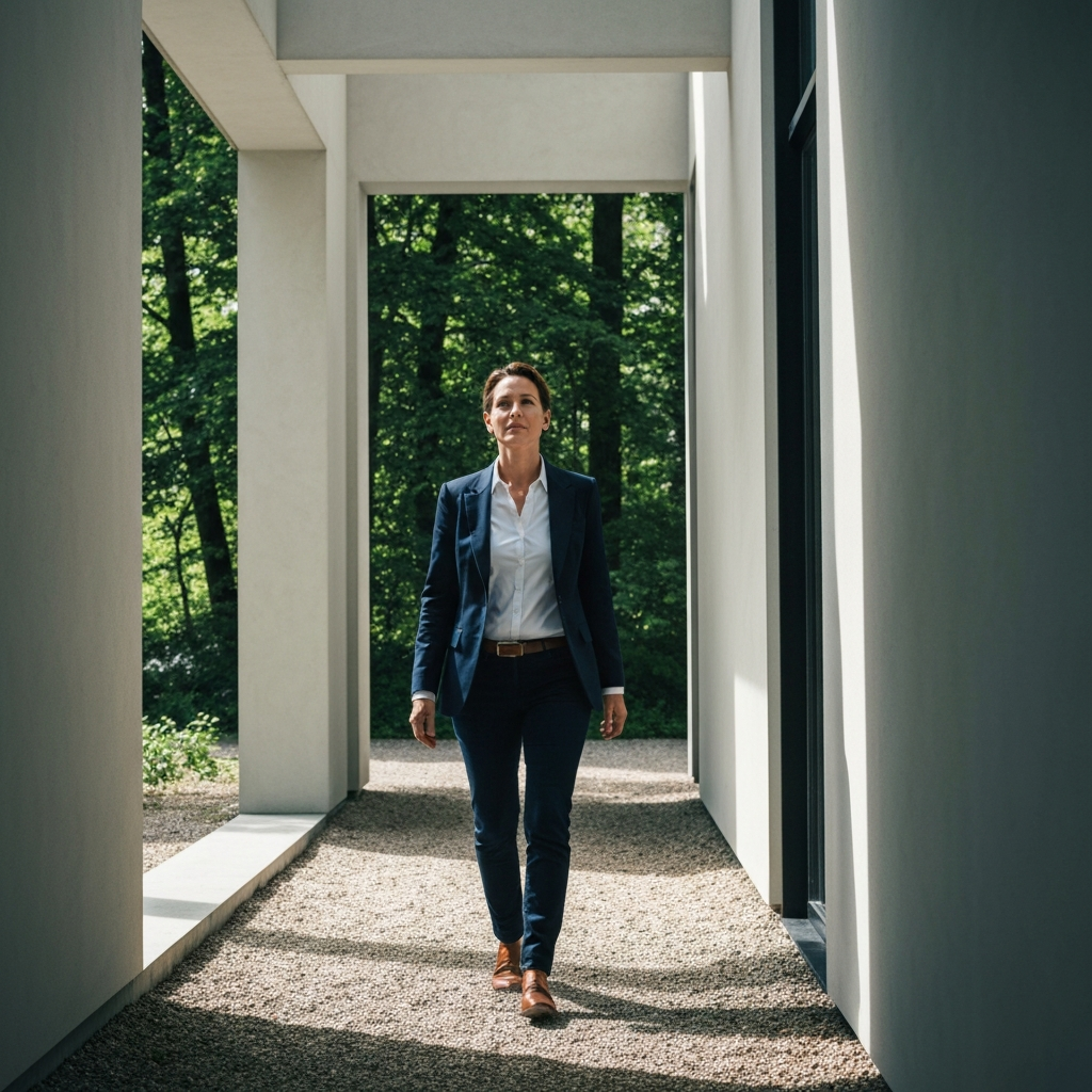 A person walking confidently on a path through a forest. The light is dappled, creating a sense of peace and tranquility. The person is looking ahead, with a determined expression on their face.