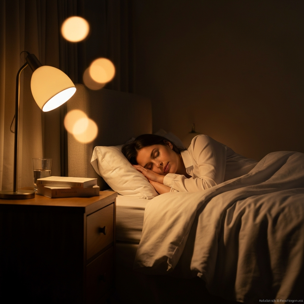 A warmly lit bedroom at dusk. Soft light illuminates a woman peacefully sleeping in a comfortable bed. A nightstand displays a book and a glass of water. Soft bokeh in the background.