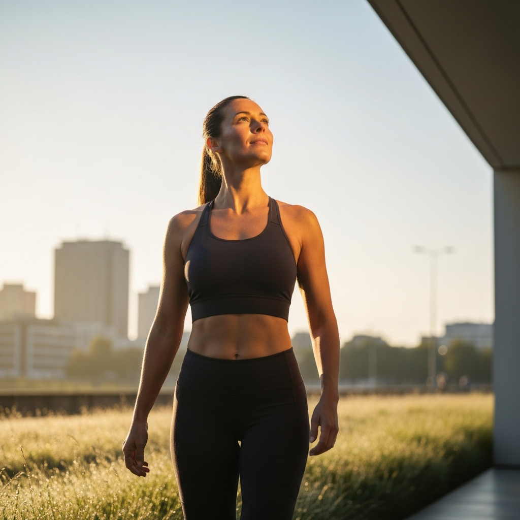 A woman in athletic wear walks outside in the early morning. Golden hour lighting illuminates her face as she looks up at the sky. Dewy grass and a blurred cityscape in the background.