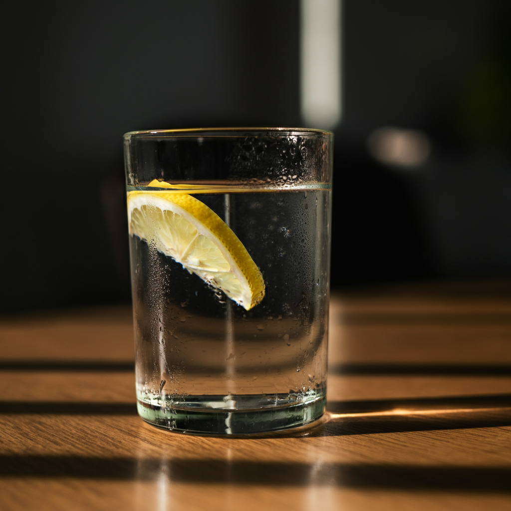 A clear glass of water with a slice of lemon, side-lit to highlight the condensation. A wooden table and blurred natural light in the background.