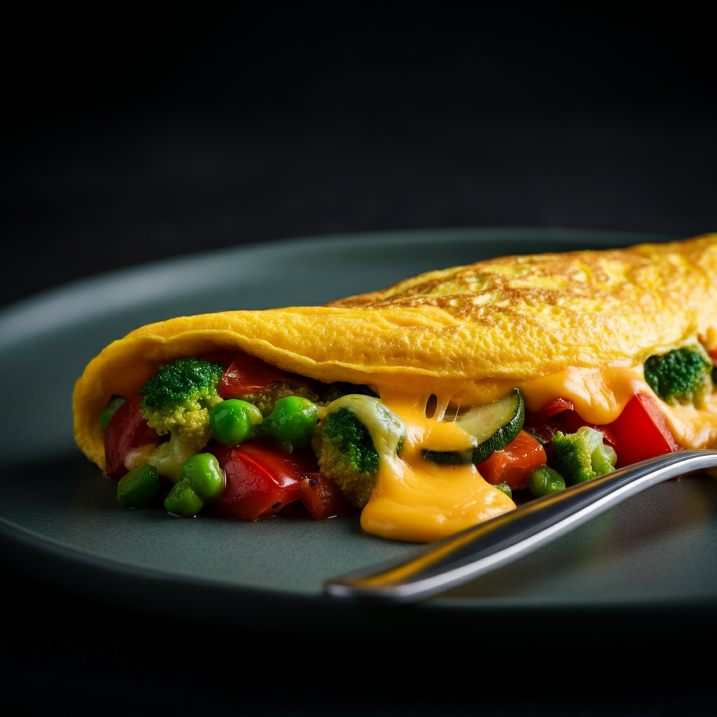 A close-up shot of a vibrant omelet with colorful vegetables and melted cheese. Soft, diffused light creating a mouth-watering texture. A fork rests beside the plate.