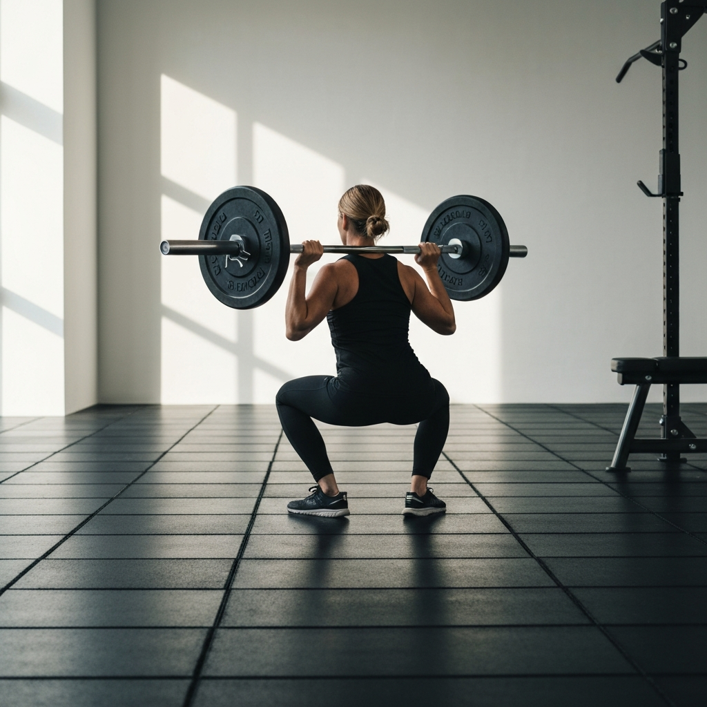 A person performing a squat with a barbell on their back in a well-equipped gym. The focus is on proper form and posture. Soft light from above.