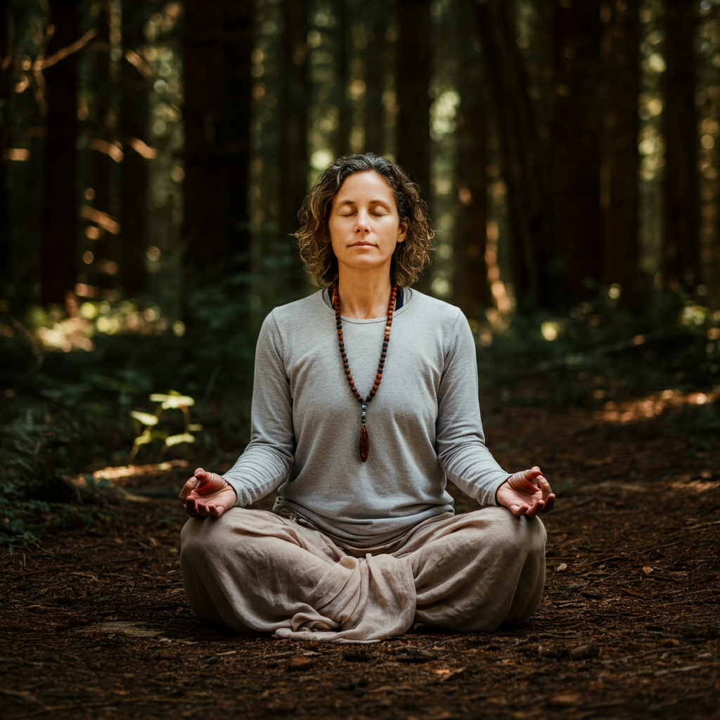 A person meditating in a peaceful outdoor setting. Soft, natural light filters through the trees. Focus on the serene expression on their face.