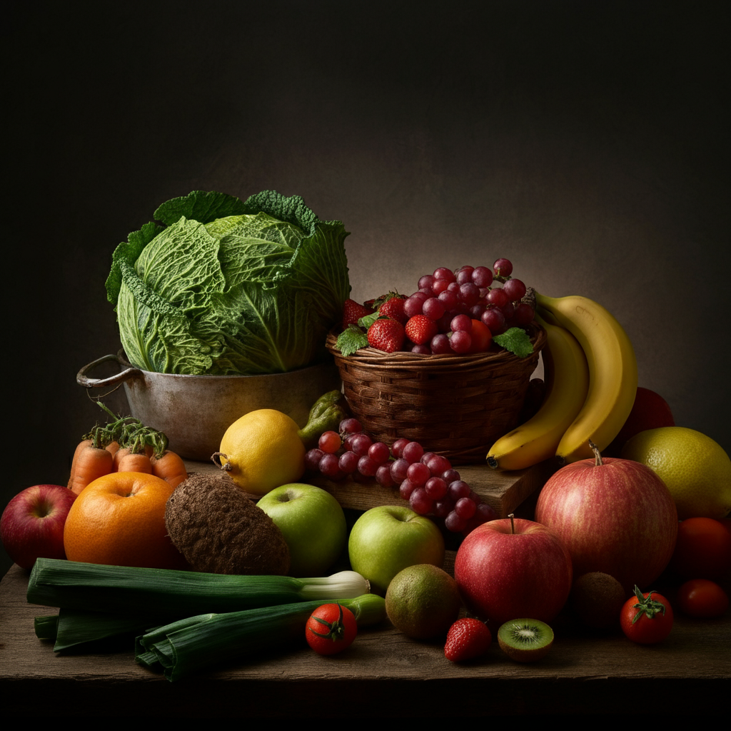 A variety of colorful fruits and vegetables arranged on a wooden table. Natural light highlighting the textures and vibrant colors of the produce.