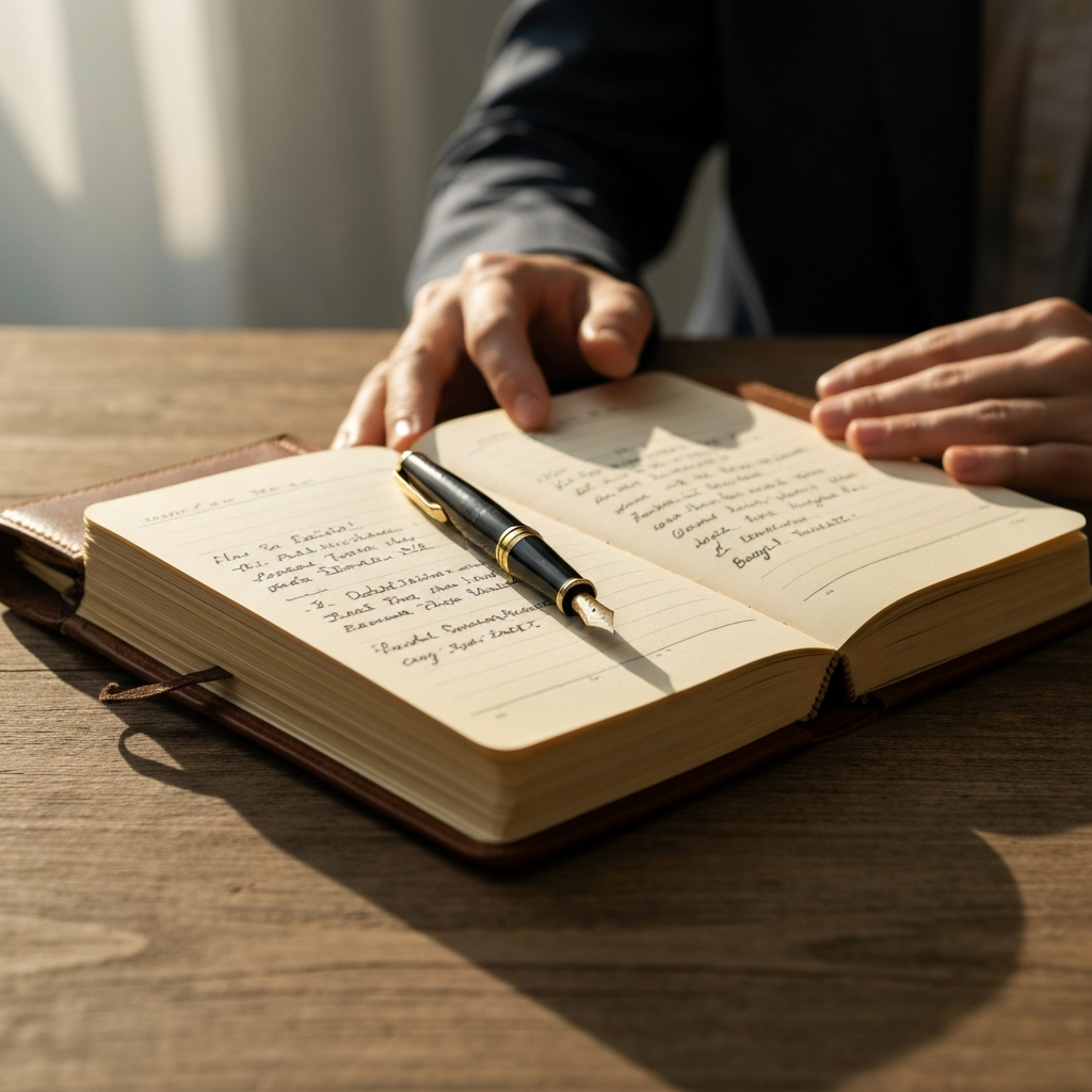 Close-up shot of a worn leather-bound travel journal on a rustic wooden table, with a vintage fountain pen resting on its open pages, bathed in soft, warm afternoon light. Pages show handwritten notes with destinations and budget numbers.