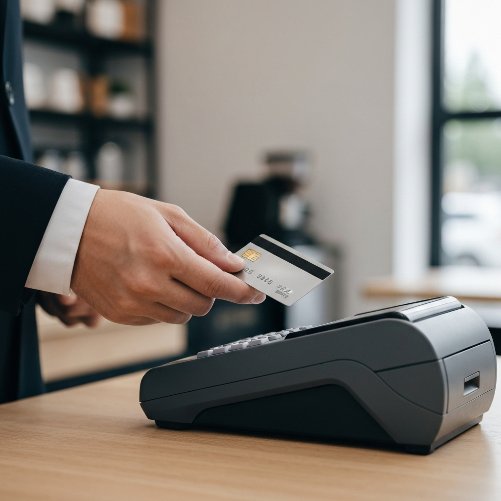 A hand carefully placing a sleek, metal credit card on a point-of-sale terminal in a bright, modern coffee shop. The lighting is even and professional, highlighting the details of the card and terminal.