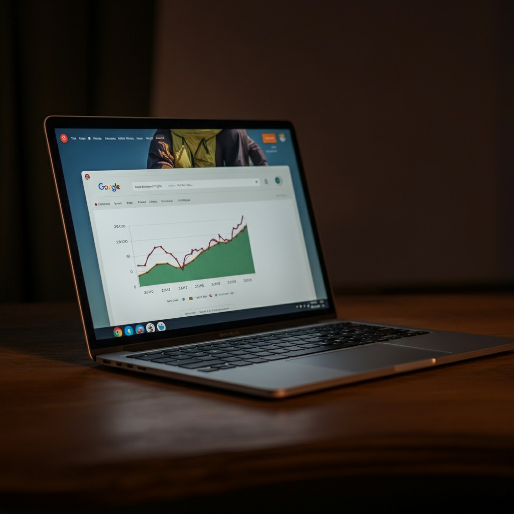 A laptop screen displaying a Google Flights search result page, with a graph illustrating price fluctuations for different dates. The room is dimly lit, with the soft glow of the screen illuminating the keyboard.